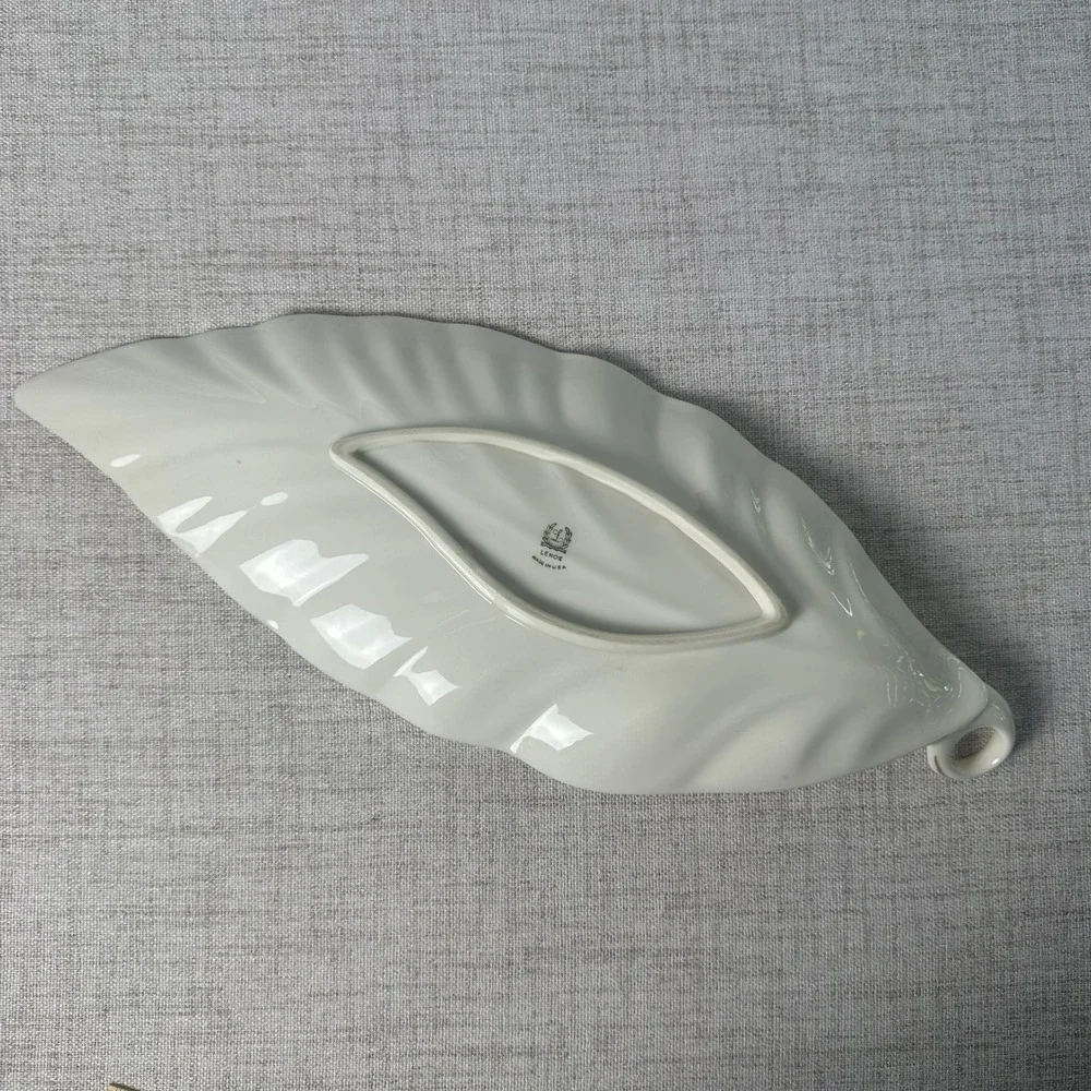 Vintage Lenox Ivory Porcelain Leaf Serving Tray Gold Trim Made in USA